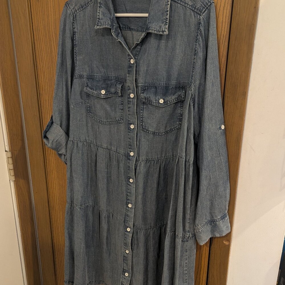 Velvet Heart Denim Tiered Lightweight Button Down Long Sleeve Dress-1X